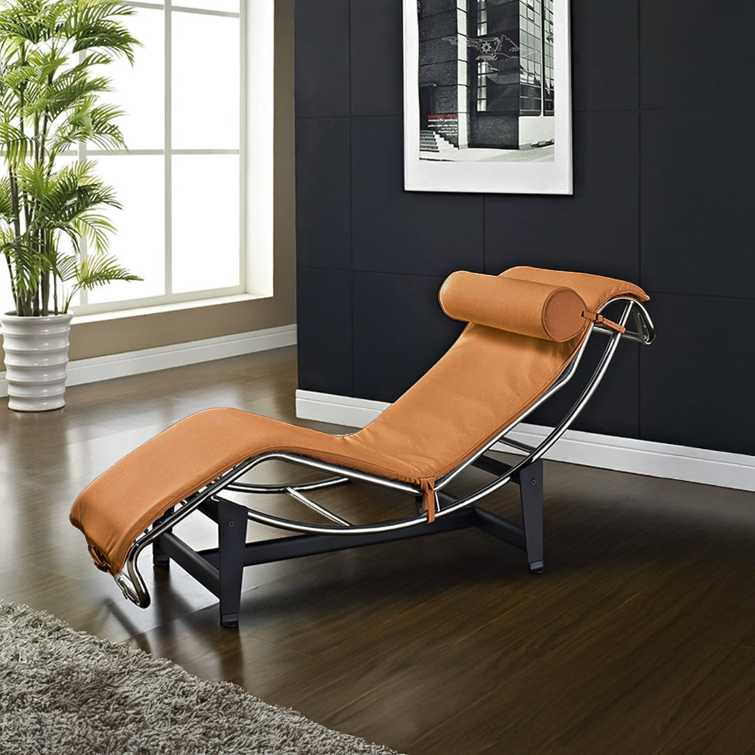 Genuine orange leather chaise lounge chair by BEACON, stylish and comfortable with sleek design and plush cushioning.