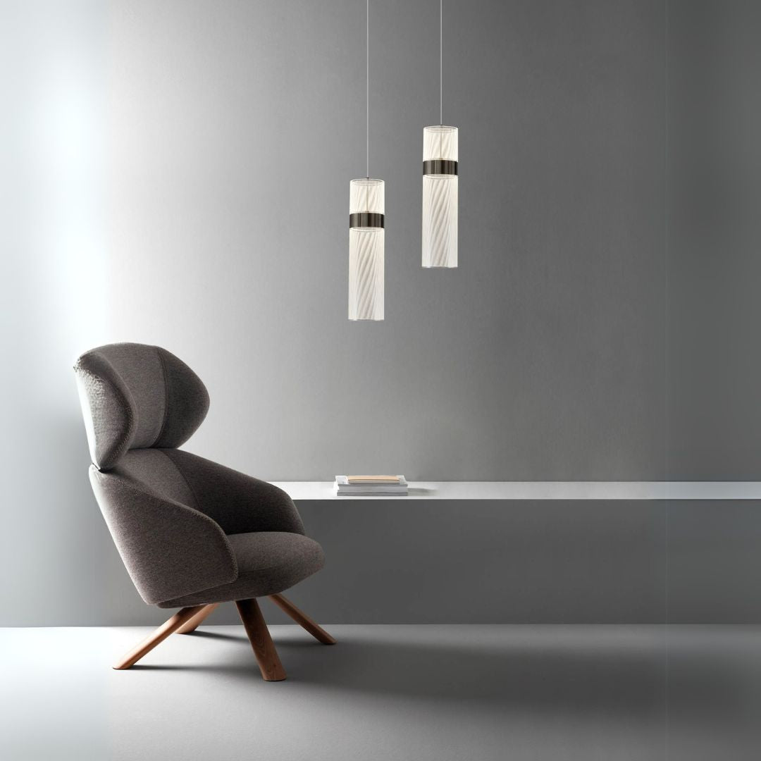 BEACON Lumin acrylic pendant lamp in white with sleek modern design, hanging from ceiling, ideal for contemporary home lighting.