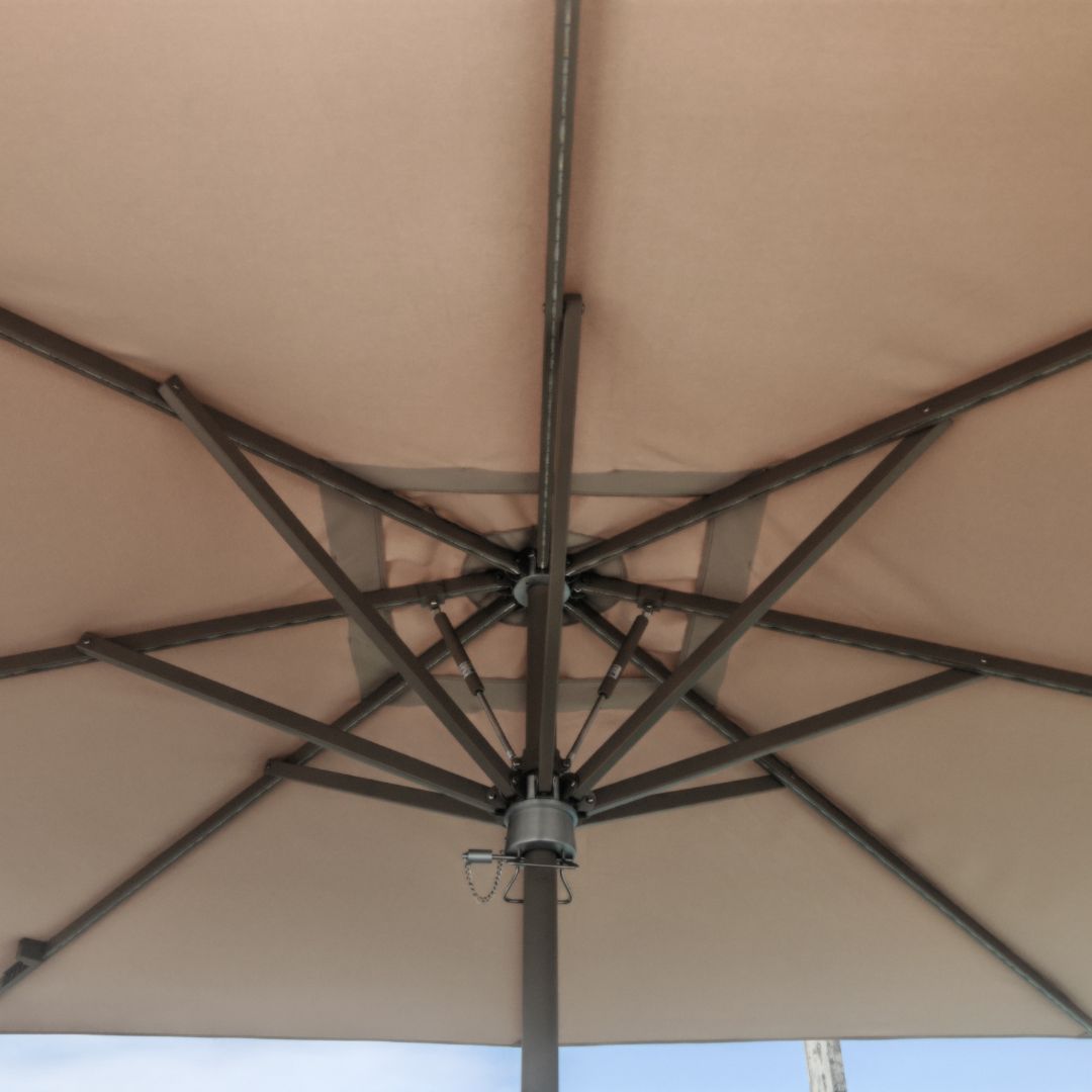 Luxury hydraulic center pole outdoor umbrella by BEACON MS-1602-2A-LED with LED lighting and durable fabric for shaded outdoor spaces.