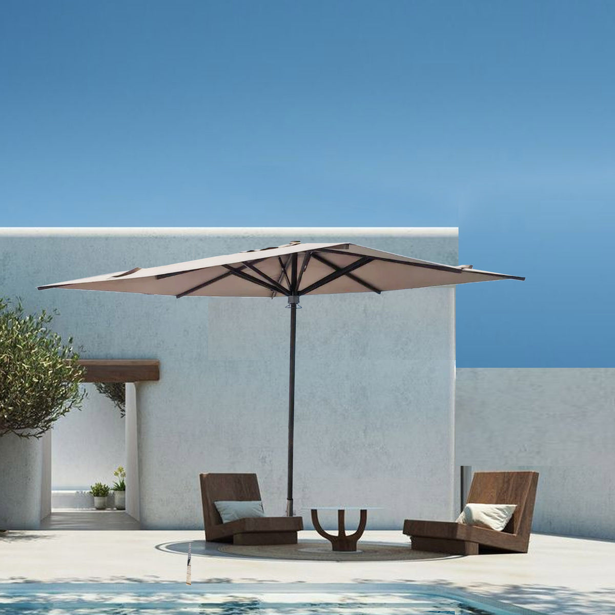 Luxury hydraulic center pole outdoor umbrella by BEACON MS-1602-2A-LED with LED lighting, designed for stylish outdoor shading.