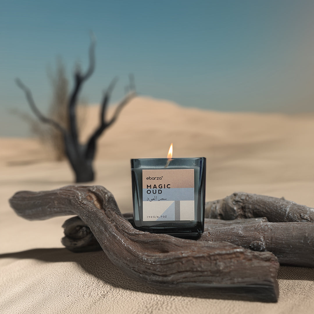 Stylish Magic Oud scented candle in 190g glass jar, featuring intricate design and warm glow from M&SENSE candles.