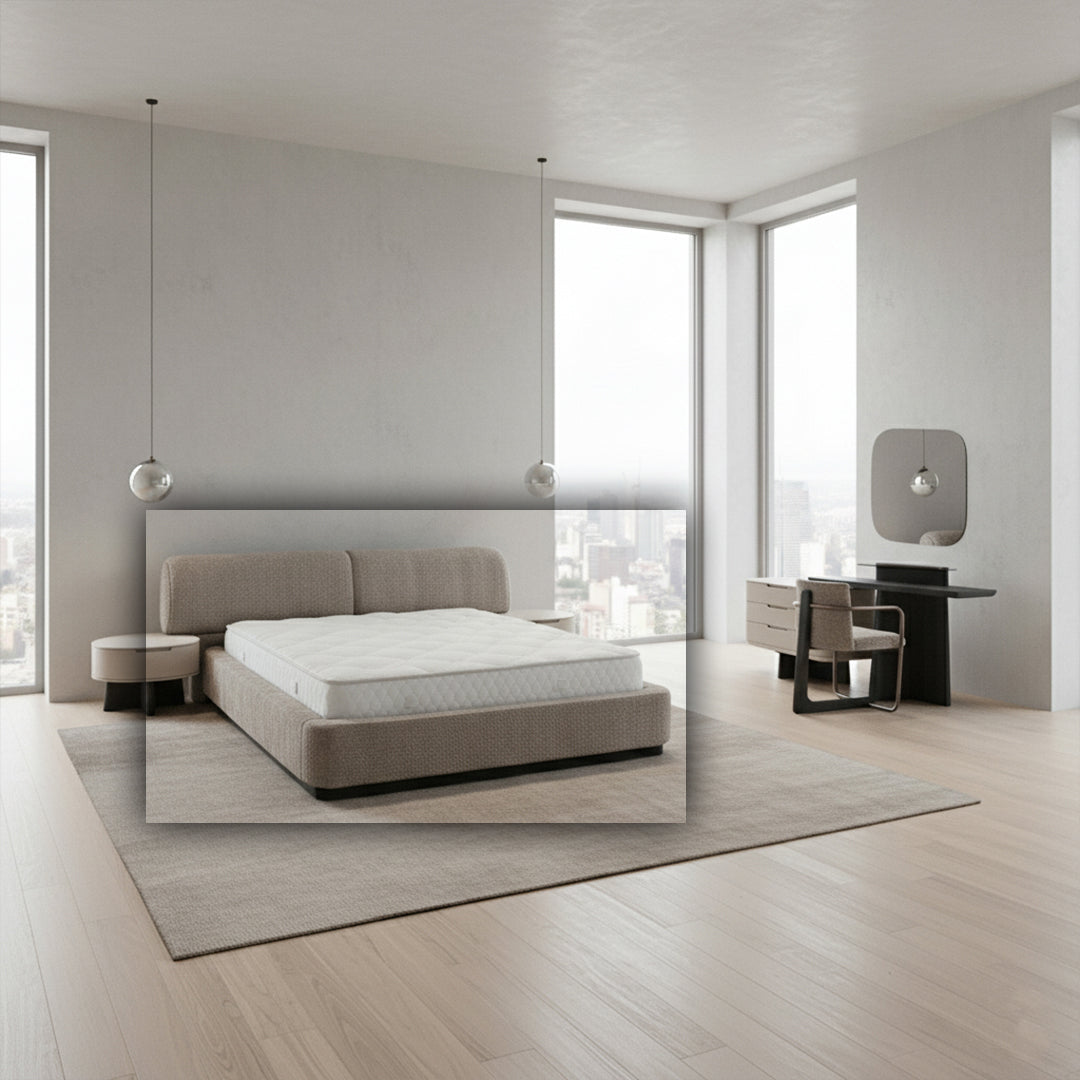 ECOLE LIVING Marmo Bedstead in neutral fabric with wooden legs, modern design perfect for a contemporary bedroom setting.