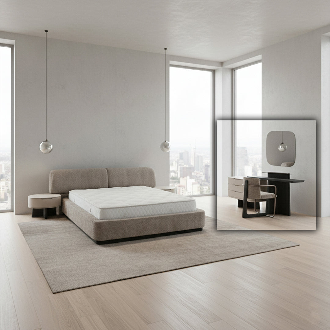 EcoLe Living Marmo dresser with mirror, modern wooden bedroom furniture, sleek design, and ample storage space.