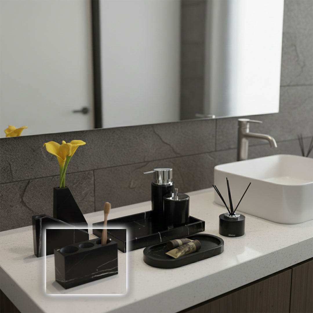 Marquina black and white checkered marble toothbrush holder from Beacon bathroom accessories, stylish and durable for bathroom decor.