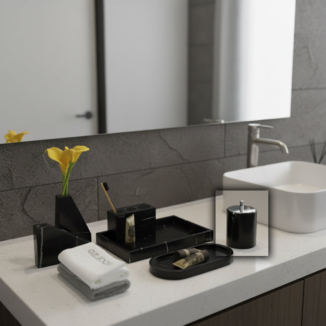 Marquina black and white marble round cotton swab jar with silver lid, bathroom accessories by BEACON.