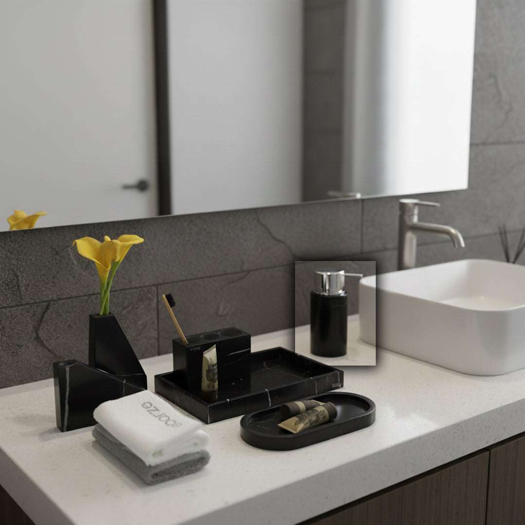 Marquina Black and white marble round silver hand sanitizer bottle, bathroom accessory by BEACON, CBK890-1 design.