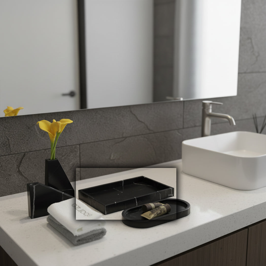Large rectangular tray made of Marquina black and white root marble by BEACON, perfect for serving or display.