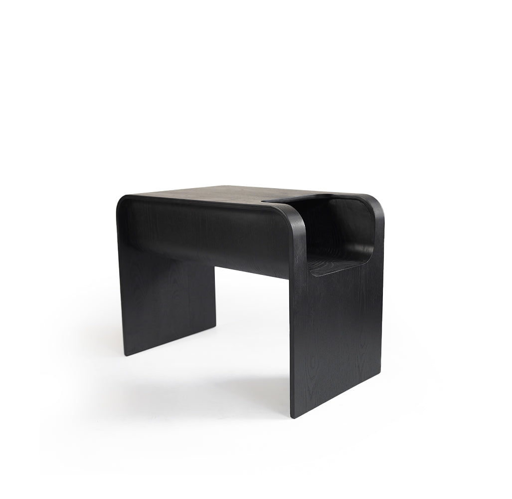 Black BEACON matte plywood and veneer side table, modern design with clean lines and smooth surface for living room decor.