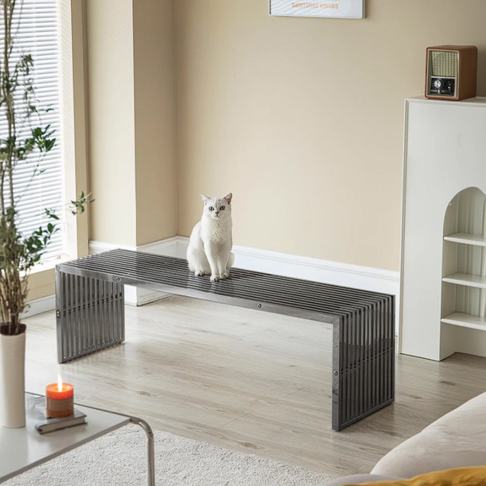Mid-century stainless steel bench by BEACON, model PSH-48-B, featuring sleek modern design and sturdy construction.