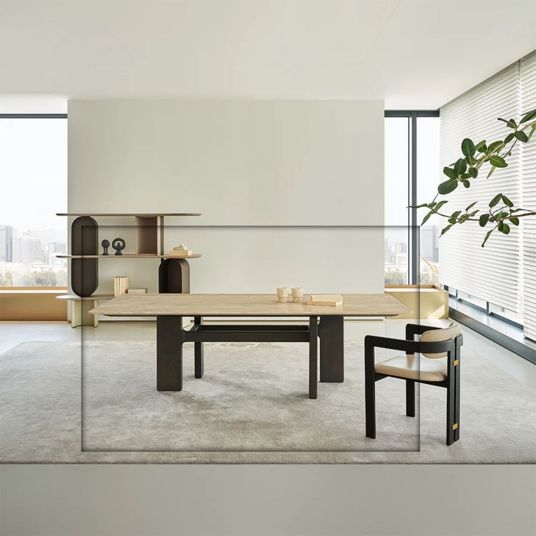 Miya Travertine Dining Table by BEACON, modern rectangular dining table with natural stone surface and sleek wooden legs.