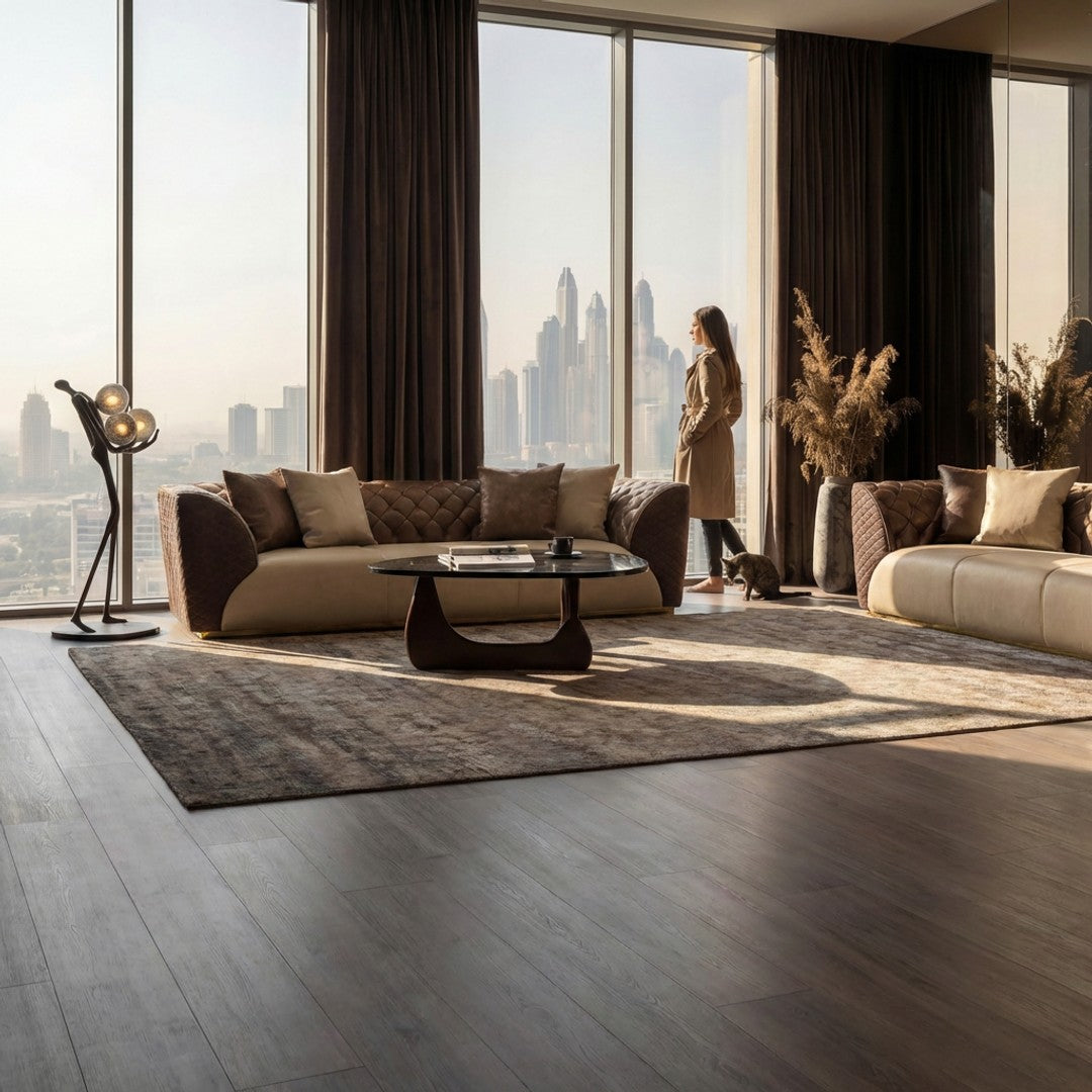 Modern Delfina brown and beige 3-seater sofa by LODA FURNITURE, featuring plush cushions and a sleek design.