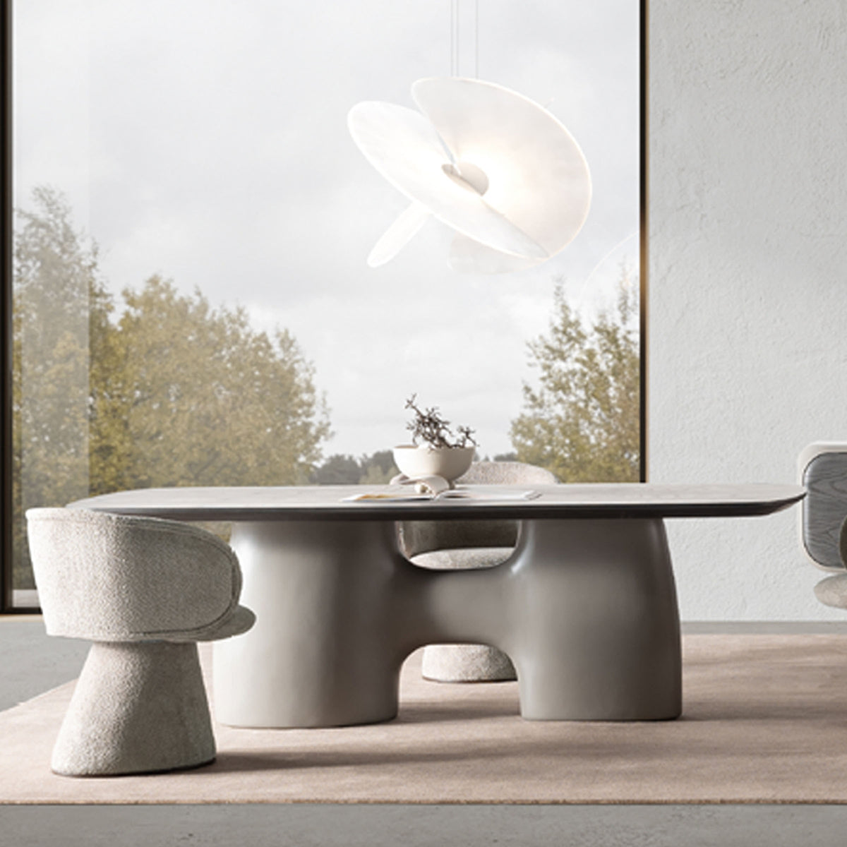 SARDUNYA Moon Dining Table SAR-DT12 in a modern dining room with a round tabletop and sleek wooden legs.