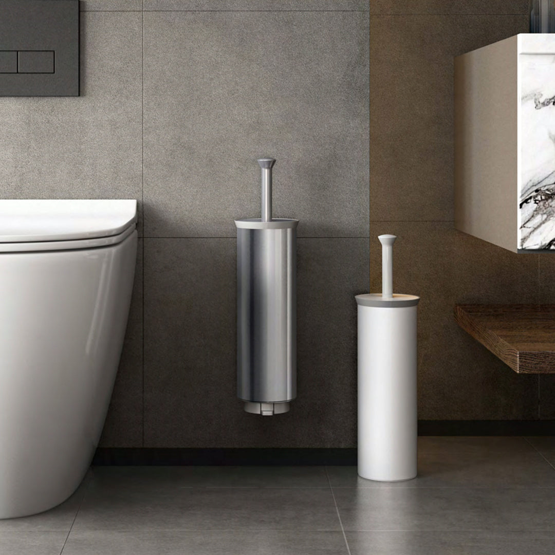 Steel toilet brush holder by BEACON with matching trash bin, model MT-matt JH-812, sleek and durable bathroom accessory.