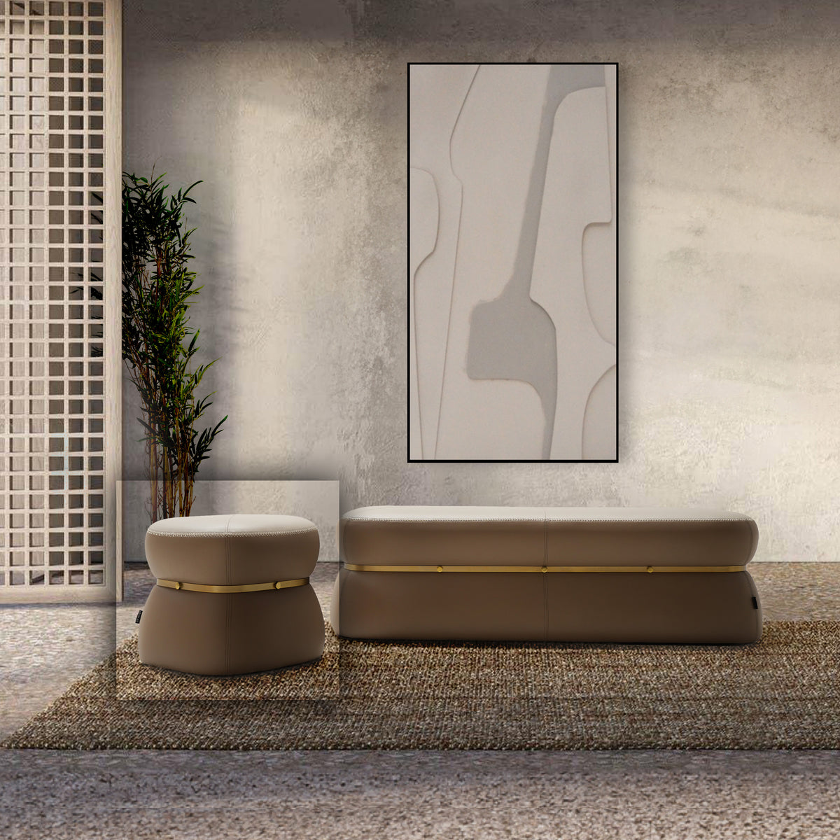 Light brown Nappa leather BEACON DJDG Pouf BC708-1, soft cushioned seat with stylish design, perfect for living room decor.