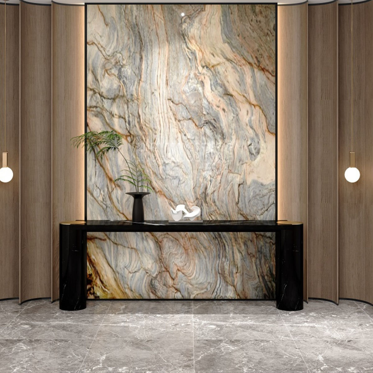 Natural Nero Marquina marble console table with stainless steel champagne gold legs, 200cm long, by A2STONE.