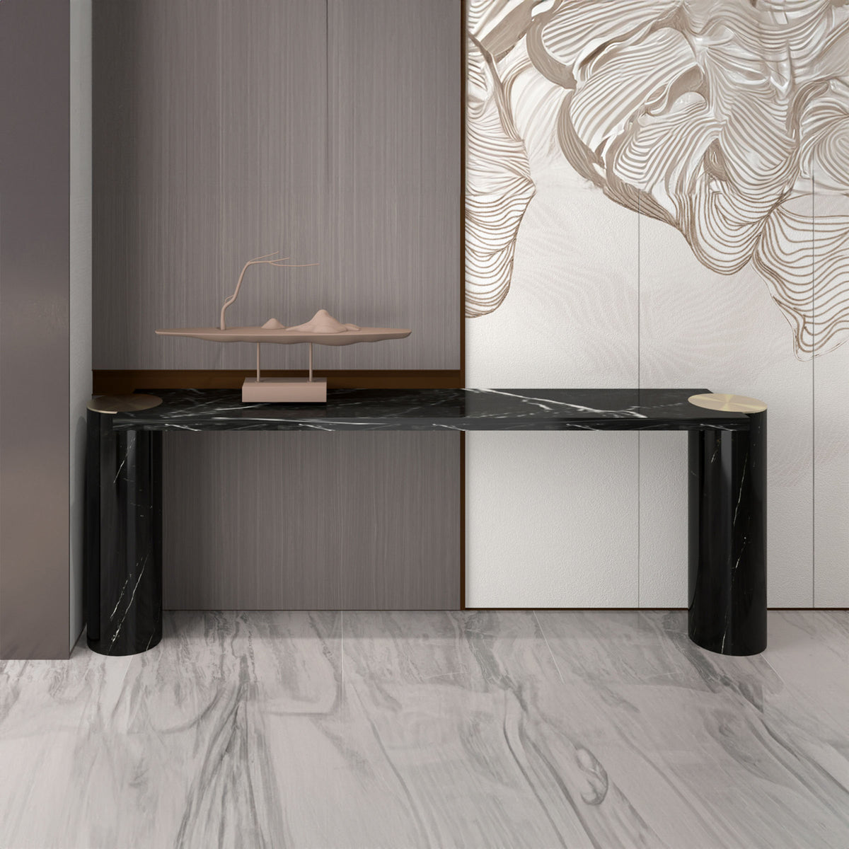 Natural Nero Marquina marble console with champagne gold stainless steel legs, 200cm length, sleek modern design.