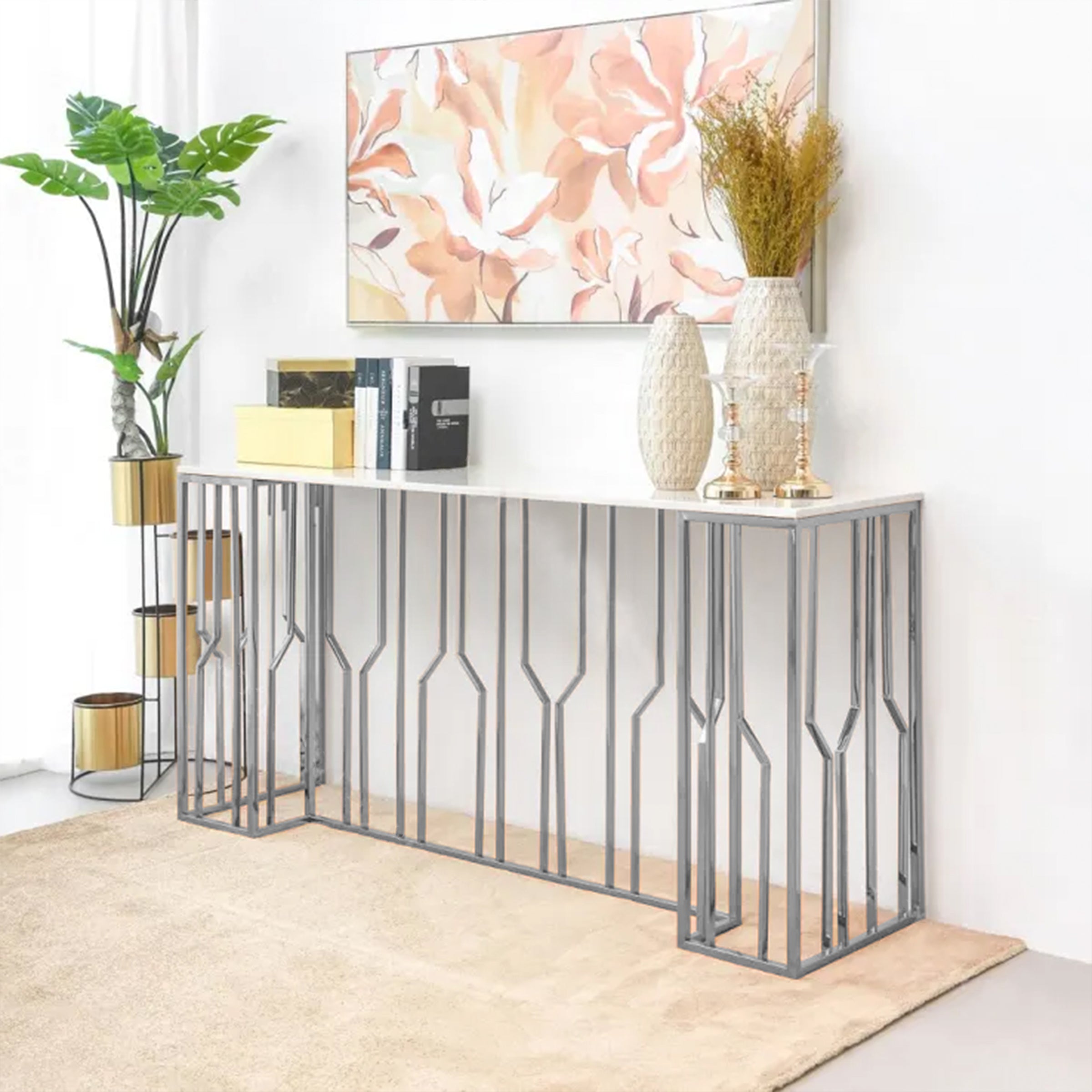 Natural Marble & Stainless Steel Console Table Bp8812-S - Consoles - ebarza Furniture UAE | Shop Modern Furniture in Abu Dhabi & Dubai - مفروشات ايبازرا في الامارات | تسوق اثاث عصري وديكورات مميزة في دبي وابوظبي