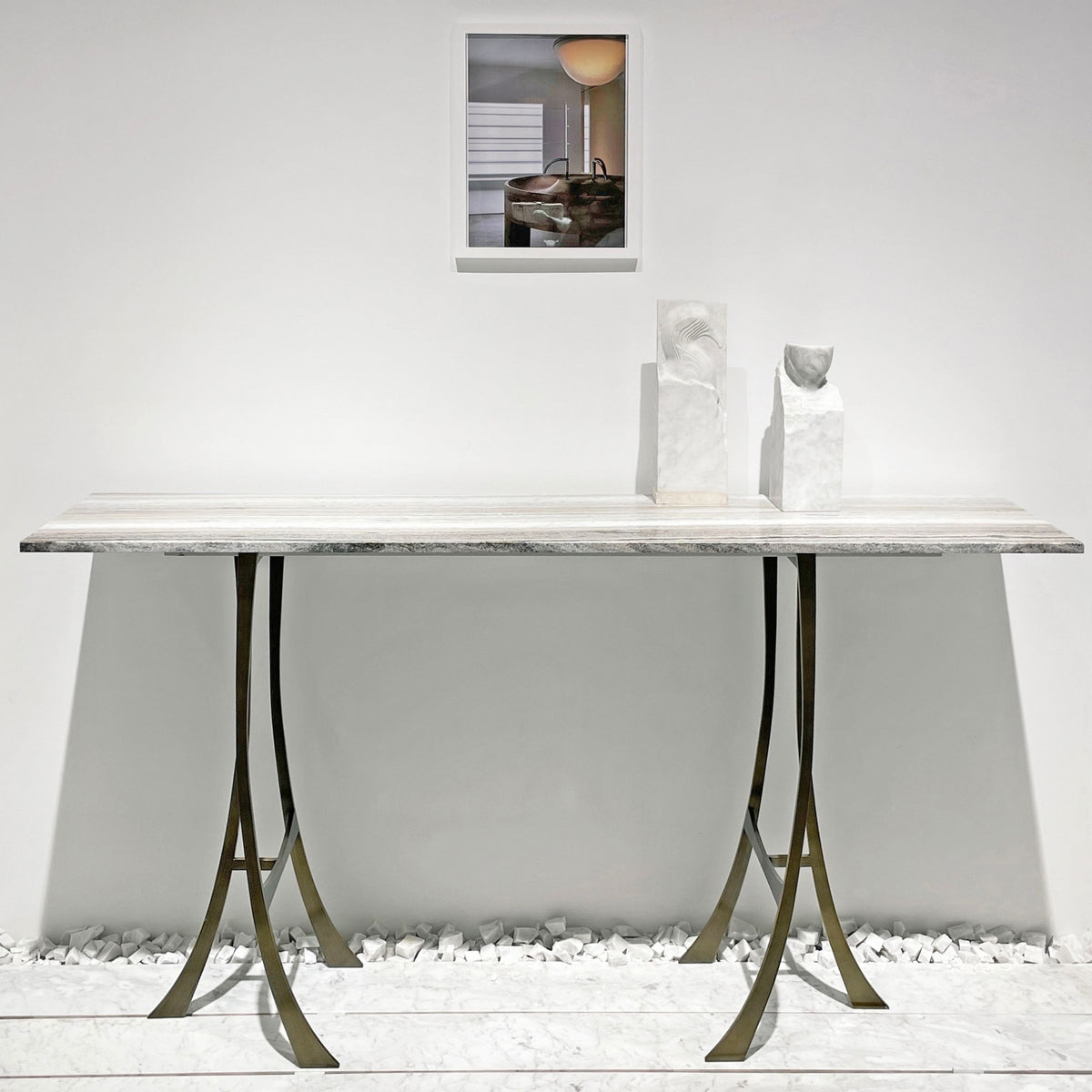 Natural stone Water Melody stainless steel console table by A2STONE, showcasing a sleek design with a textured stone surface and modern metal frame.
