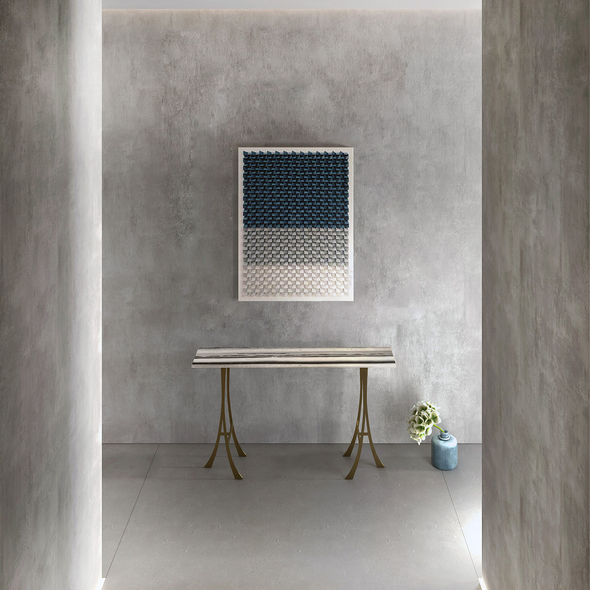 Natural stone and stainless steel console table by A2STONE, Water Melody design, modern entryway or living room furniture.