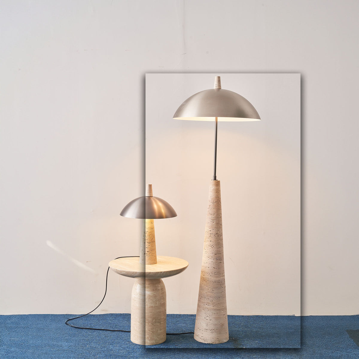 Natural travertine floor lamp with sleek design, by BEACON, model JA-015F, featuring a stone base and modern lighting style.