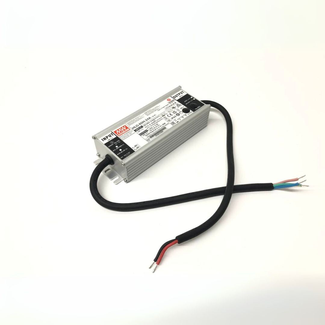 Multi-color neon LED strip with BEACON HLG-60H-24A LED driver and LED controller, showcasing vibrant lighting effects.
