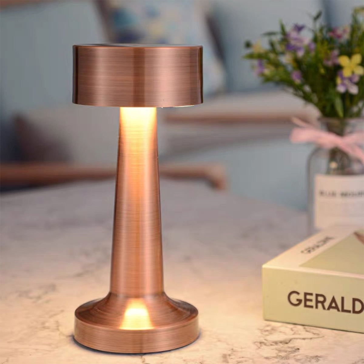 Rose Gold Night Light Table Lamp by BEACON, stylish desk lamp with soft glow for ambient lighting and modern decor.