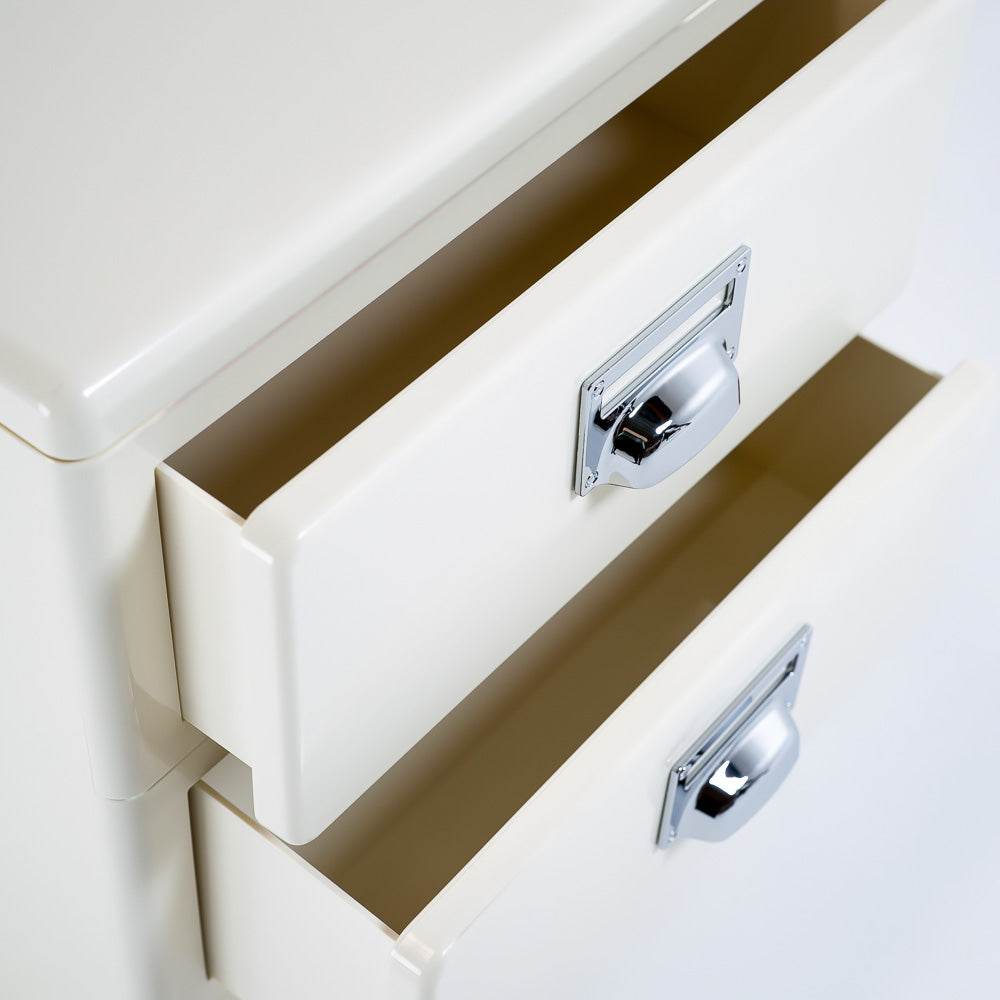 Off White ABS bedside table with sleek design, RUDI BB-017 side table for bedroom or living space.