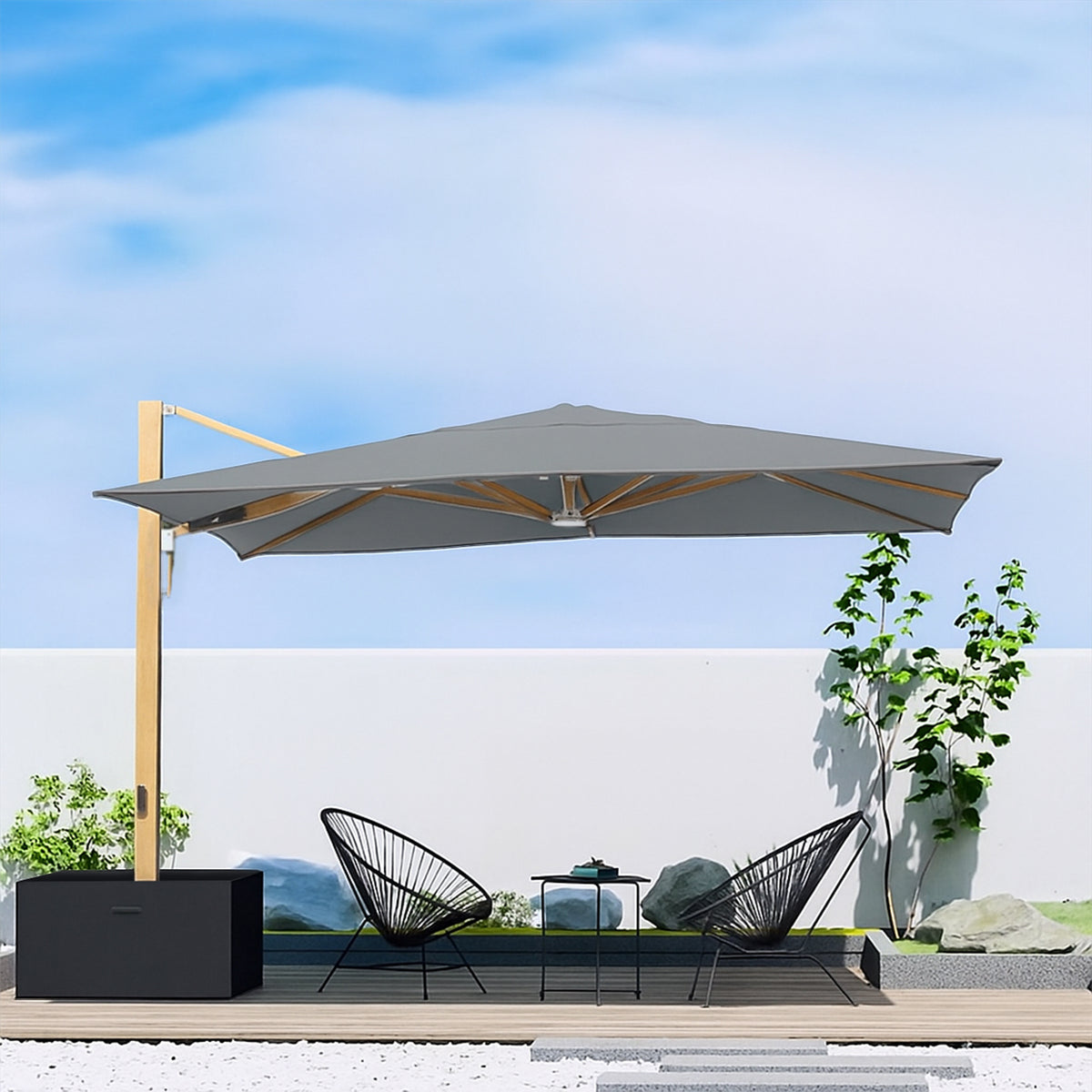 BEACON Opal cantilever outdoor umbrella with matching base, featuring a sleek canopy and sturdy support structure.