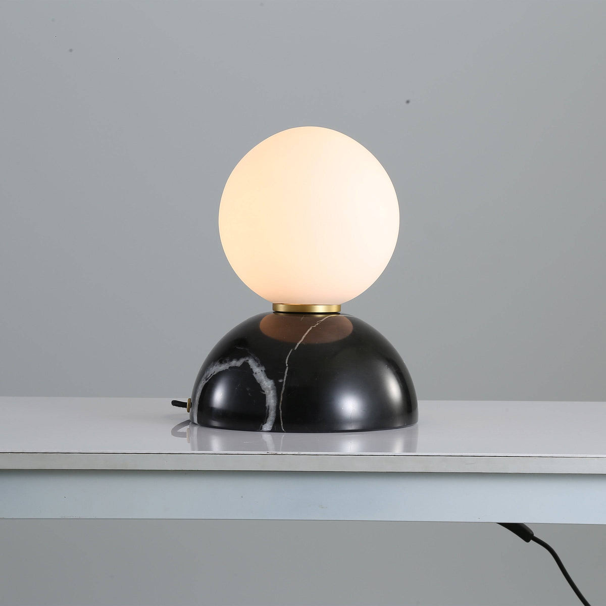 BEACON opal glass shade desk lamp with black marble base, modern table lighting for home or office decor.