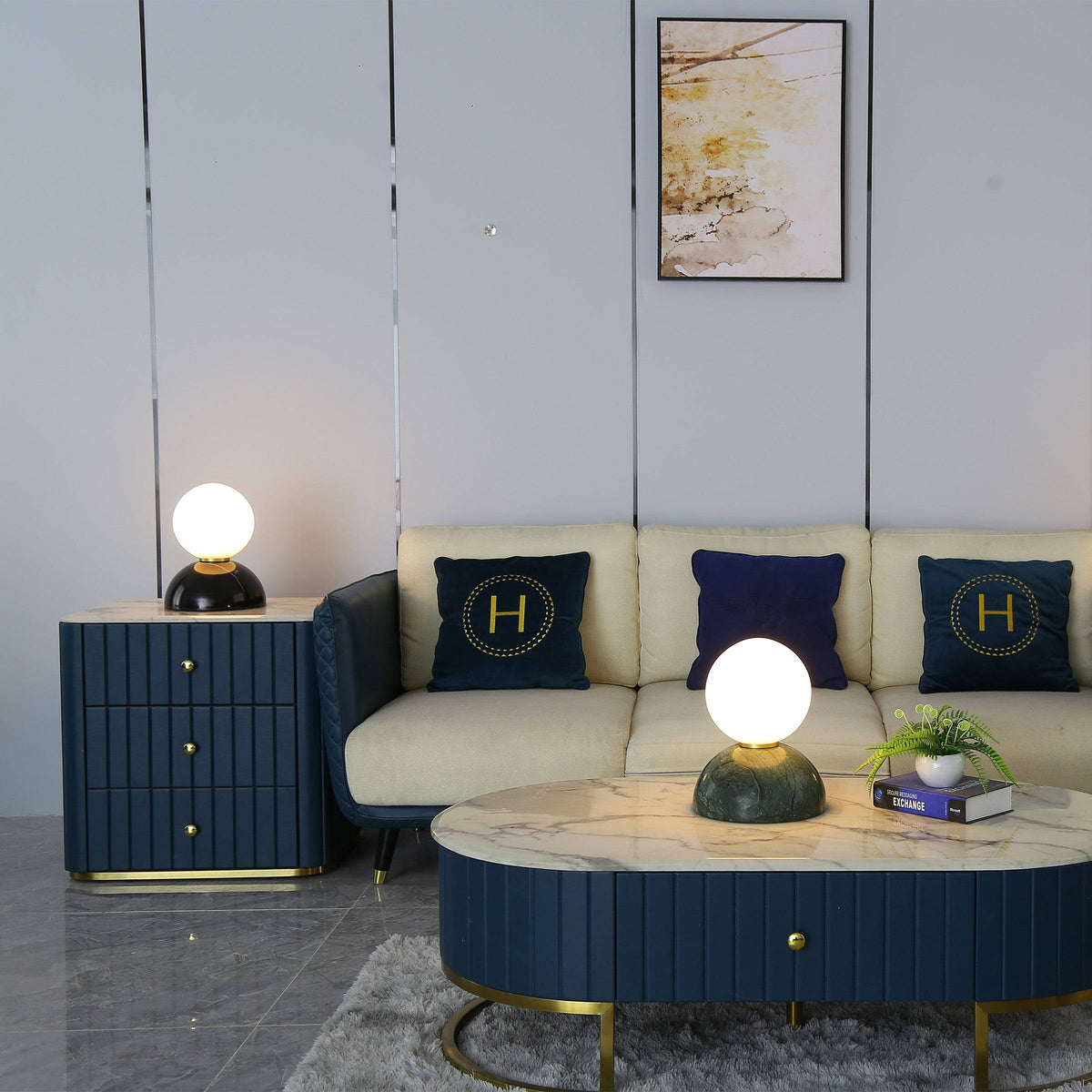 Opal glass shade with black marble base table lamp by BEACON, perfect for desk or table lighting.