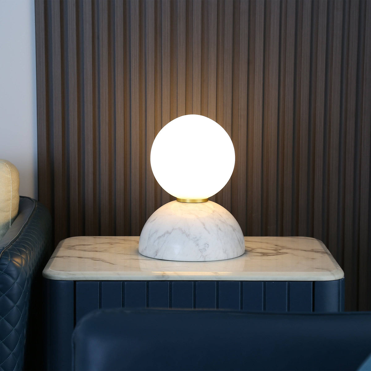 Beacon Civil opal glass shade table lamp with white marble base, modern desk lamp for stylish lighting.