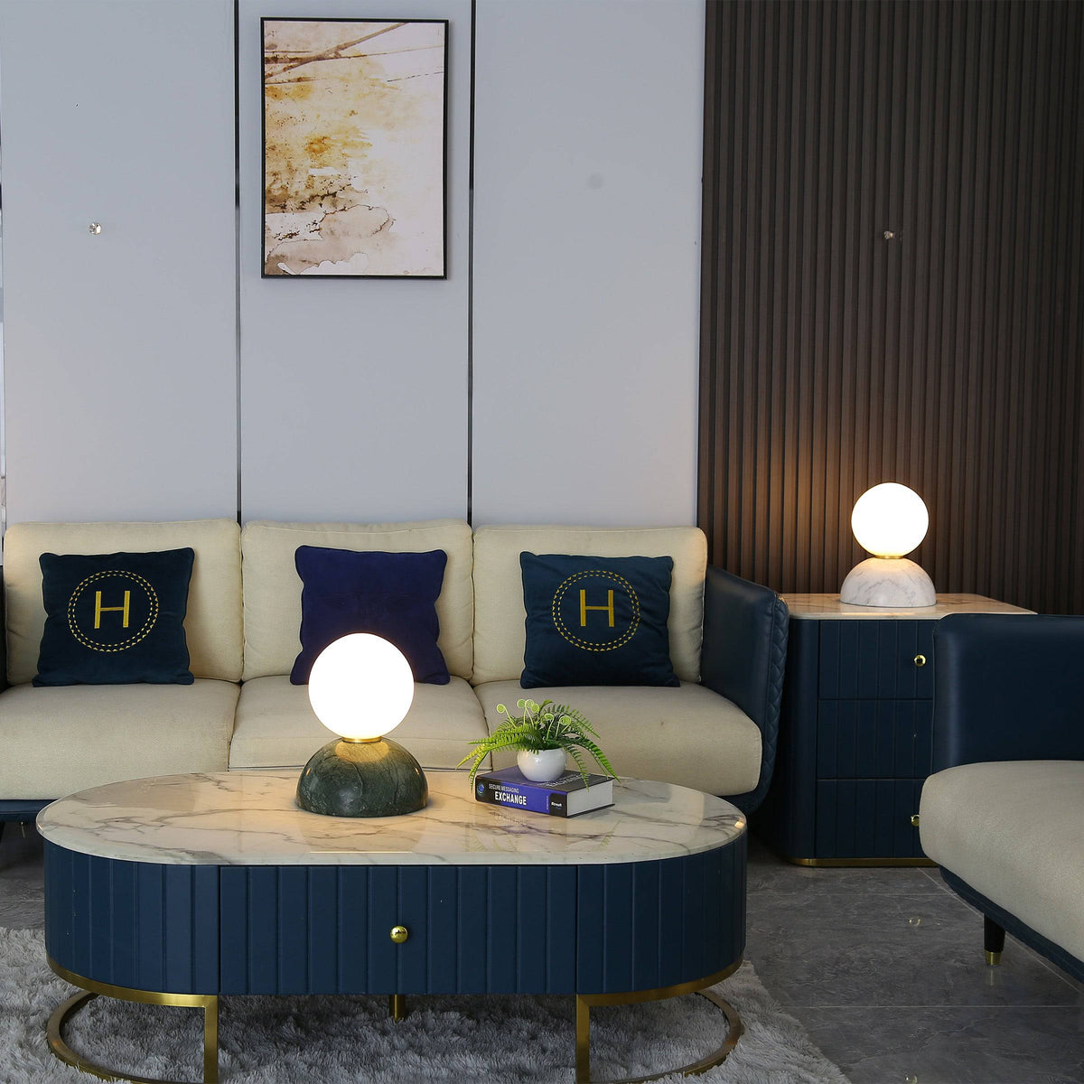 Beacon Civil Opal Glass Shade and White Marble Base Table Lamp, stylish desk lamp with elegant design and soft lighting.