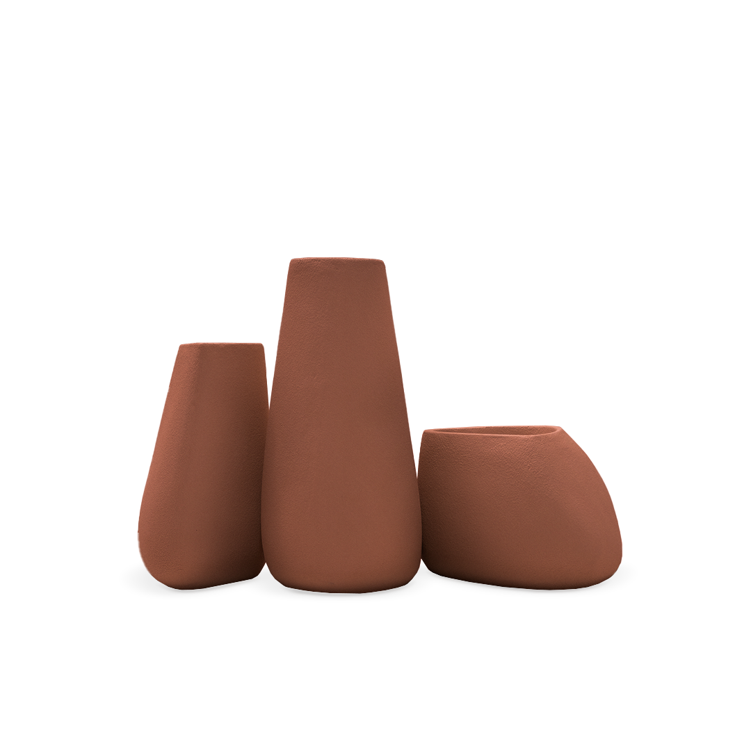 Outdoor fiberglass concrete planter box in clay color, part of a set of three, by BEACON for indoor or outdoor use.