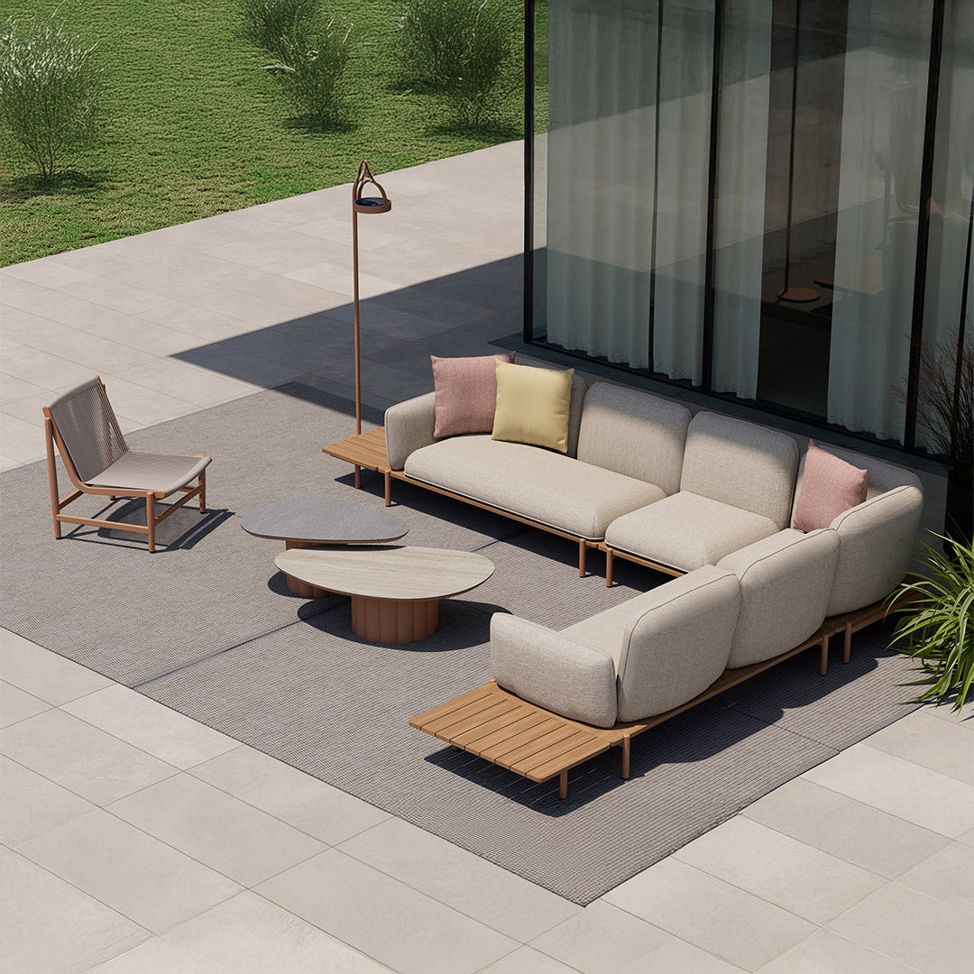 Outdoor BEACON 2-seater sofa left module with pillow and aluminum seat rim, stylish outdoor furniture for patio or garden.