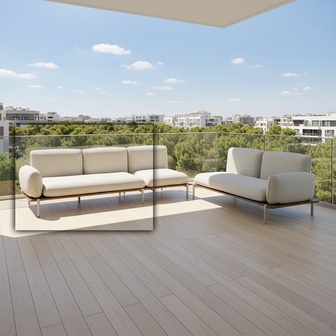 Outdoor 2-seater sofa with right module, beige cushions, aluminum seat rim, by BEACON, model KC8804B86TEX for outdoor lounging