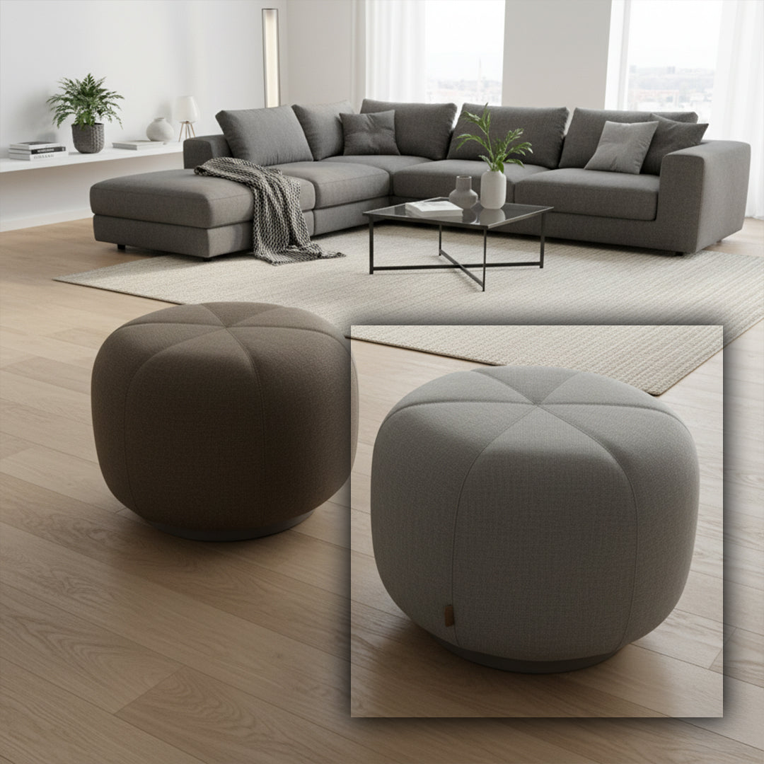 Gray BEACON Pouf HJD-5228/2 with soft fabric and round shape, perfect for living room seating or accent decor.