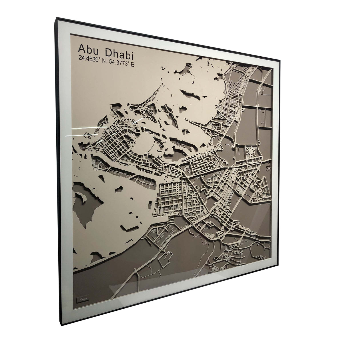 Handmade Abu Dhabi map painting by BEACON, 120x120 cm, featuring detailed city map artwork, perfect for wall decor.