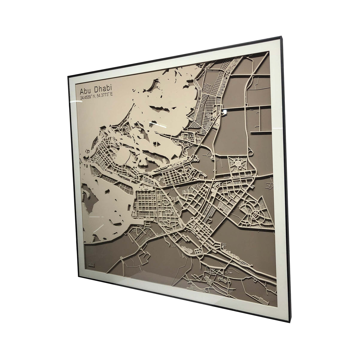 Handmade Abu Dhabi map painting by BEACON, 120x120 cm, detailed cityscape artwork on canvas.