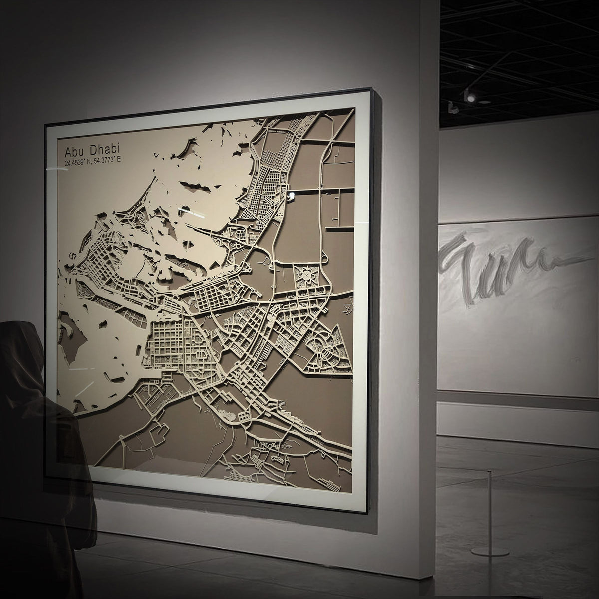 Handmade Abu Dhabi map painting by BEACON, 120x120 cm, detailed cityscape artwork for home decor.