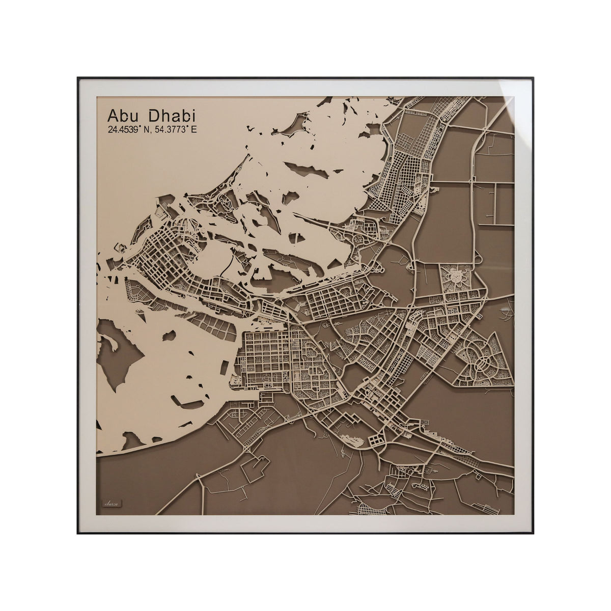 Handmade Abu Dhabi map painting by BEACON, 120cm x 120cm, showcasing detailed city artwork in vibrant colors.
