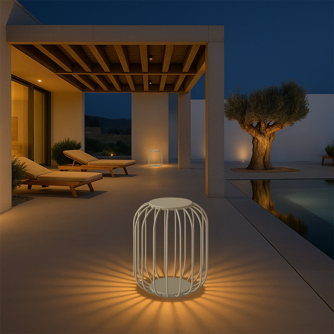 Outdoor cage floor lamp from Beacon, with metal frame and glass enclosure, designed for exterior lighting, model LWC555-650 or LWC655-550.