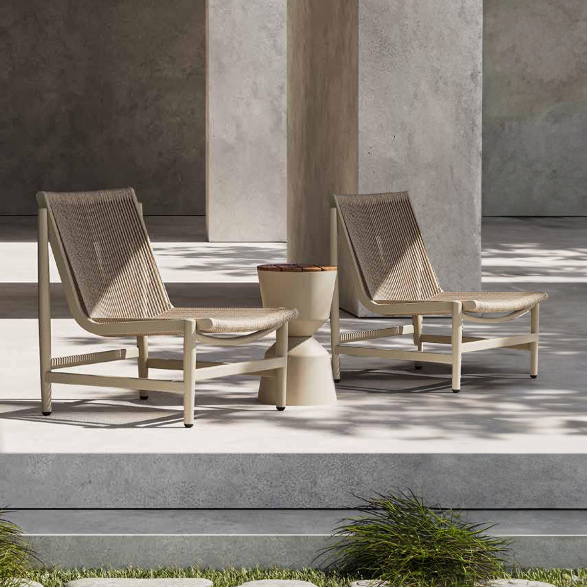 Outdoor lounge chair by BEACON, string armchair with pre-order 85-day delivery, modern outdoor seating for relaxing outdoors.