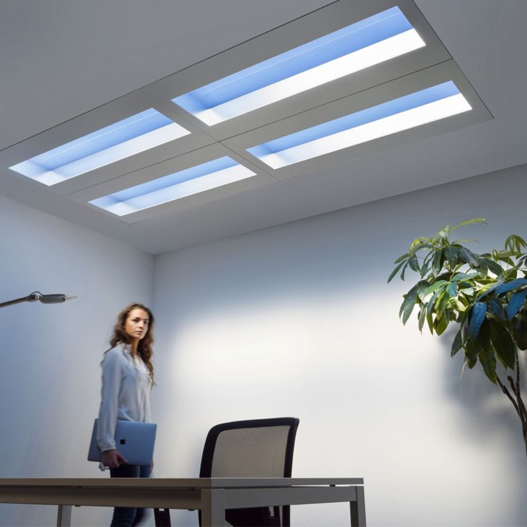 Artificial skylights LED panel by BEACON MUSKDG, ceiling lamp with natural UAE sunlight sync, designed for realistic daylight effects.