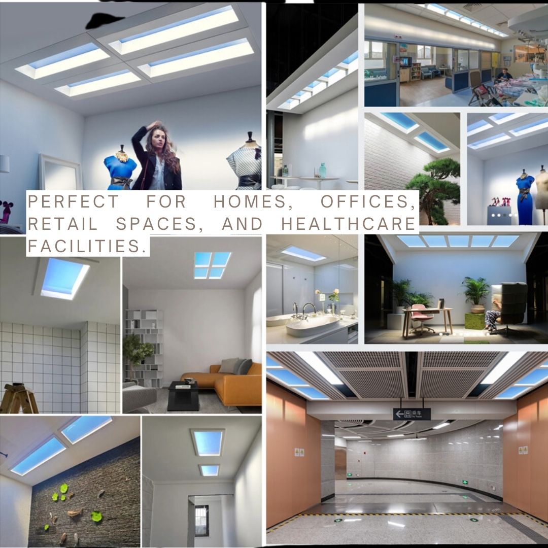 Artificial skylights LED panel by BEACON/MUSKDG for ceiling lighting, simulating natural UAE sunlight with sunrise sync feature.