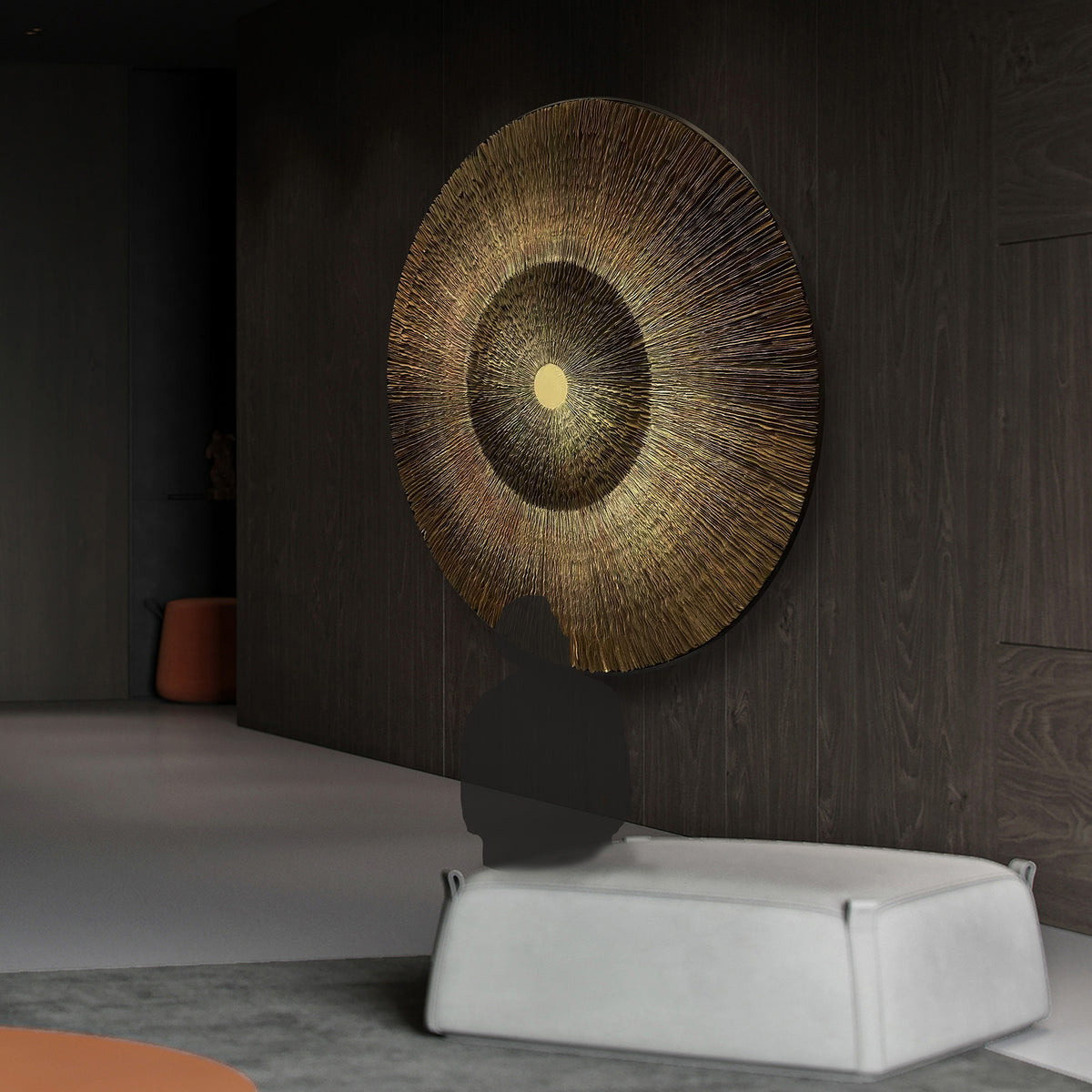 Handmade paper artwork painting by BEACON, 120 cm diameter, featuring intricate designs on textured handmade paper.