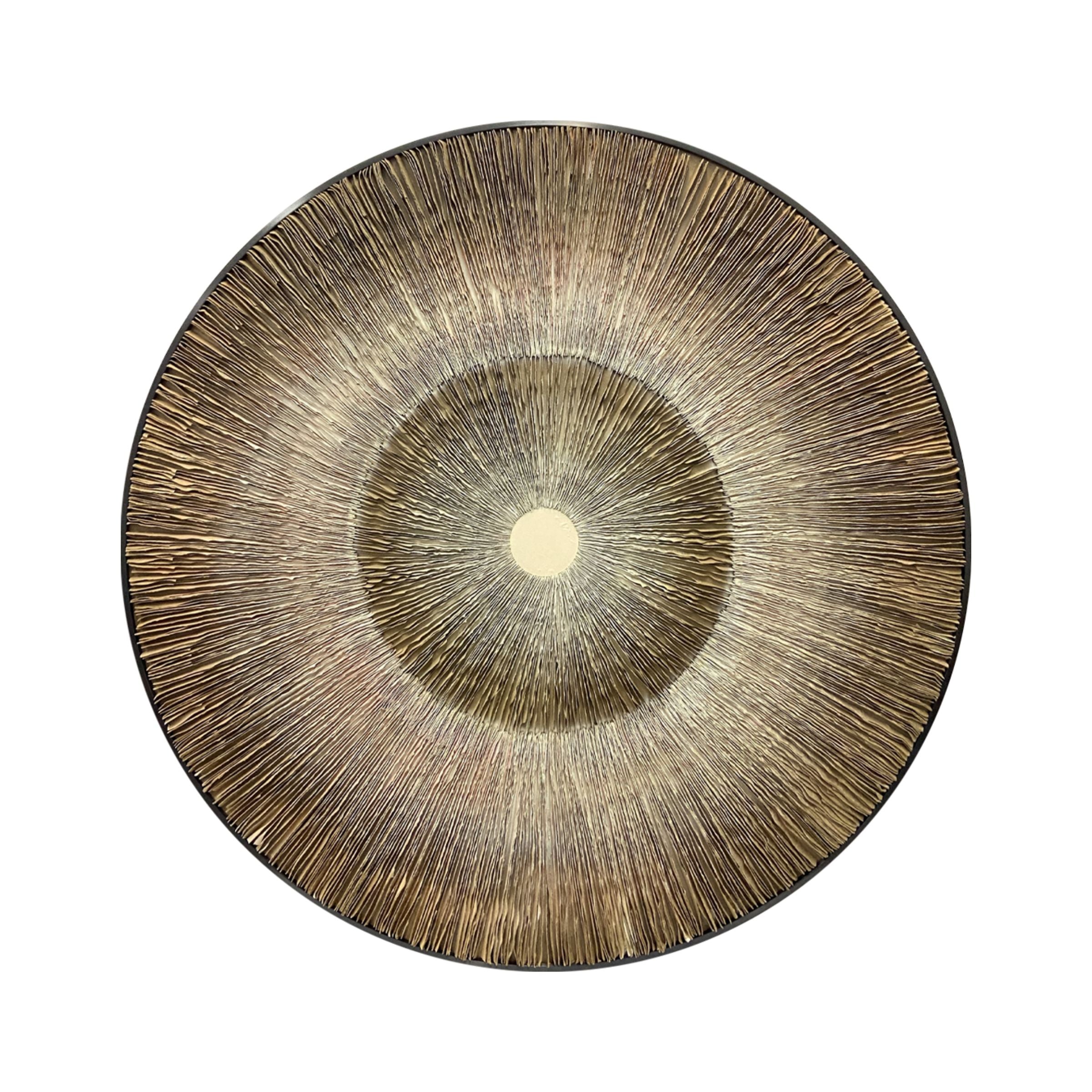Handmade paper artwork painting by BEACON, 120 cm diameter, featuring intricate designs on textured paper in a circular shape.