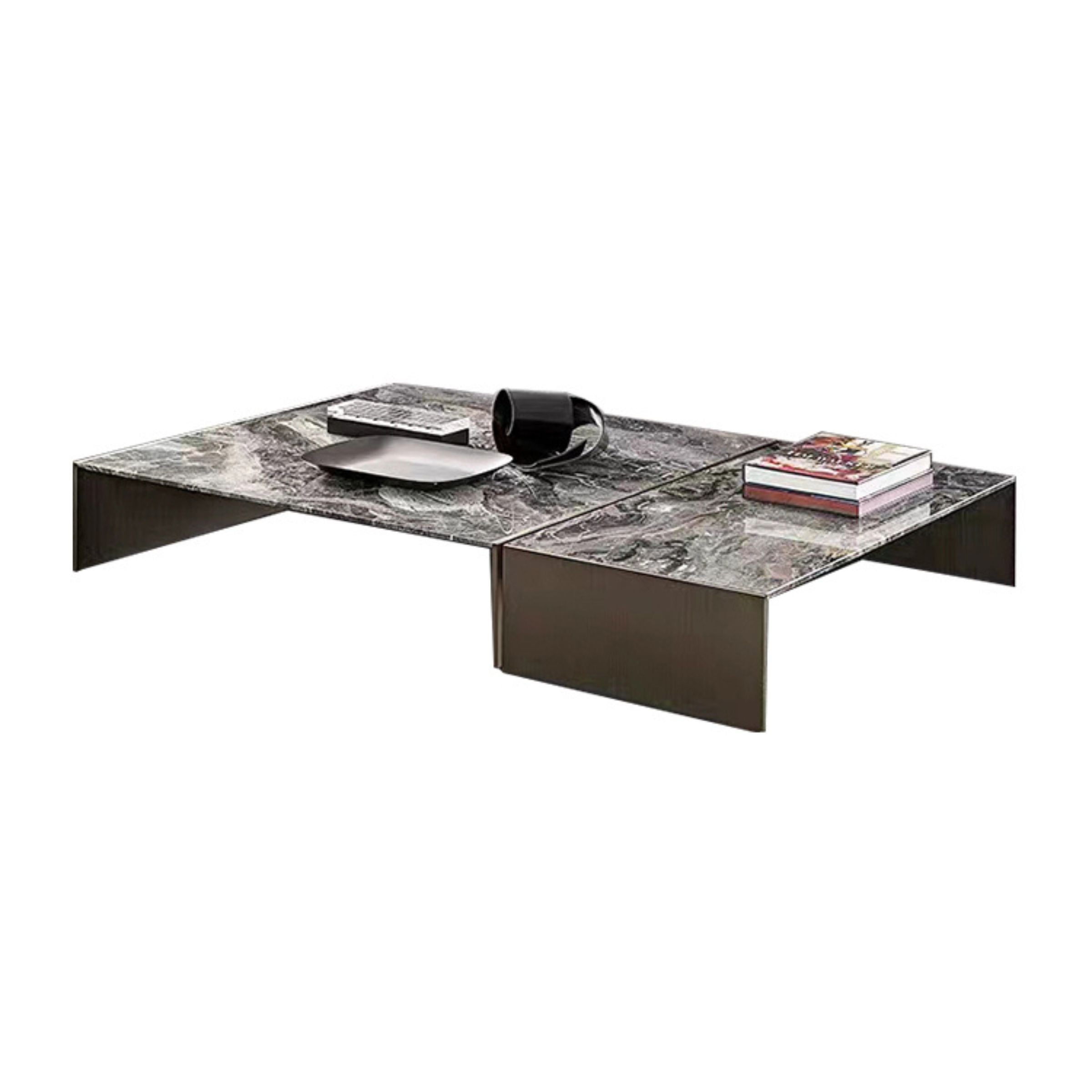 Set of 2 BEACON chrome bronze stainless steel and natural marble coffee tables, modern design, stylish living room furniture.