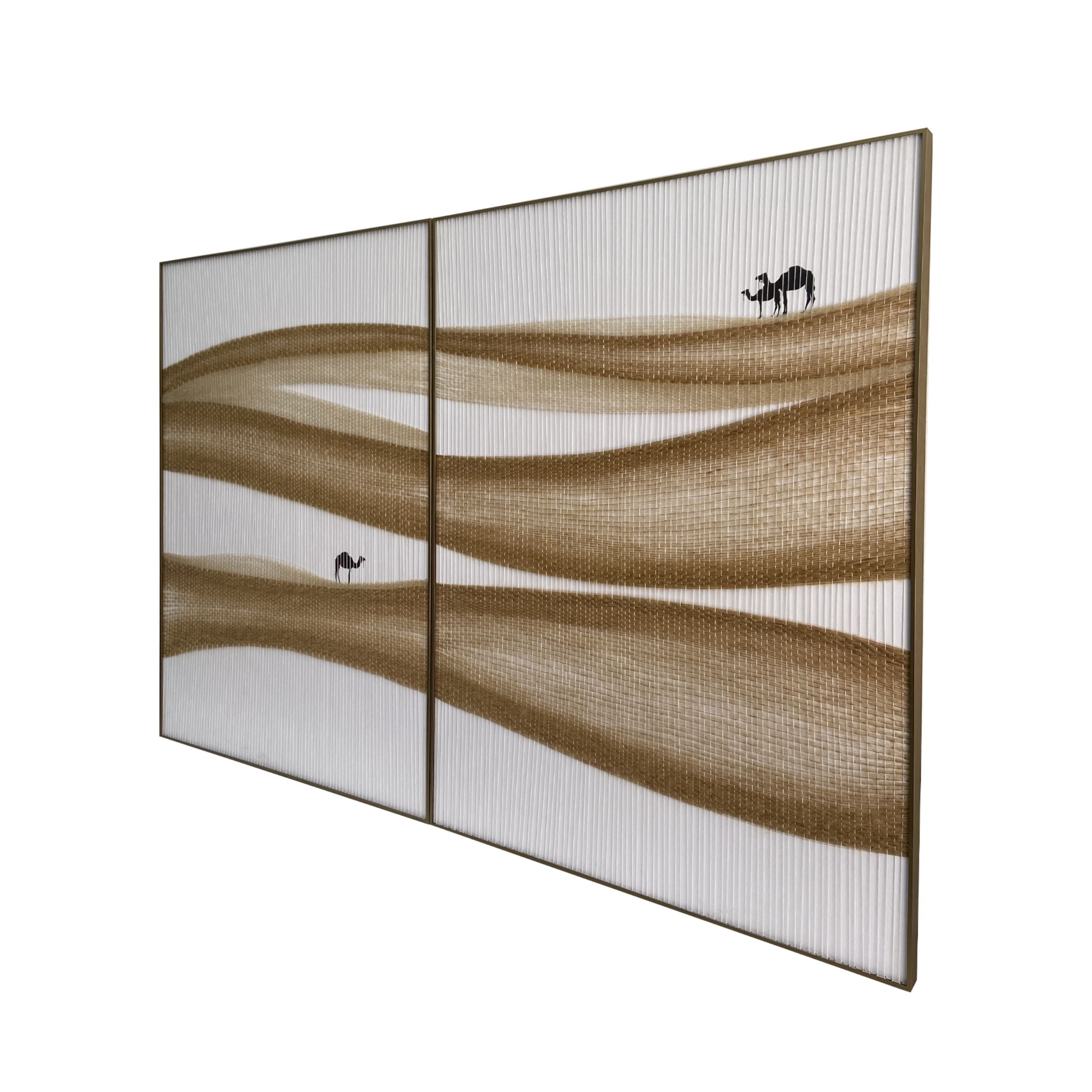 Set of 2 handmade fiber weaving camel paintings, 90x120 cm, featuring traditional artwork by BEACON.