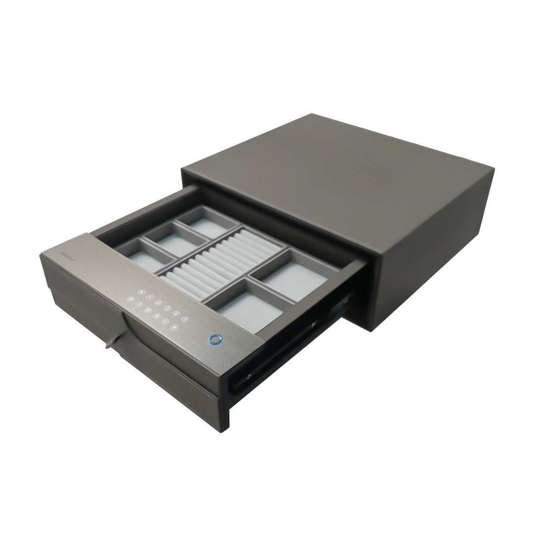 Small leather safe box with password and fingerprint lock, shown in a sleek design, by BEACON safe box brand.