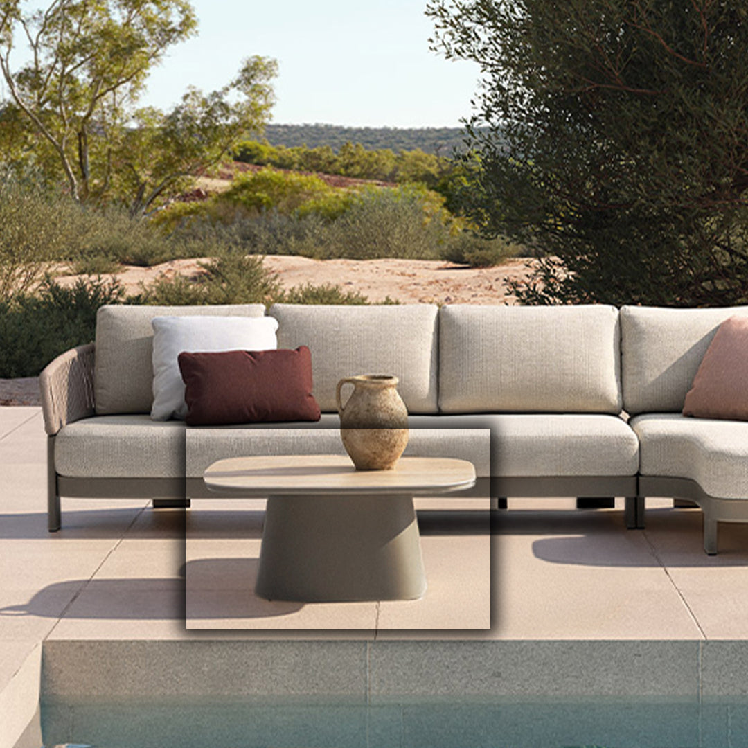 Outdoor coffee table with ceramic top from BEACON, featuring a sleek design and sturdy construction for outdoor spaces.